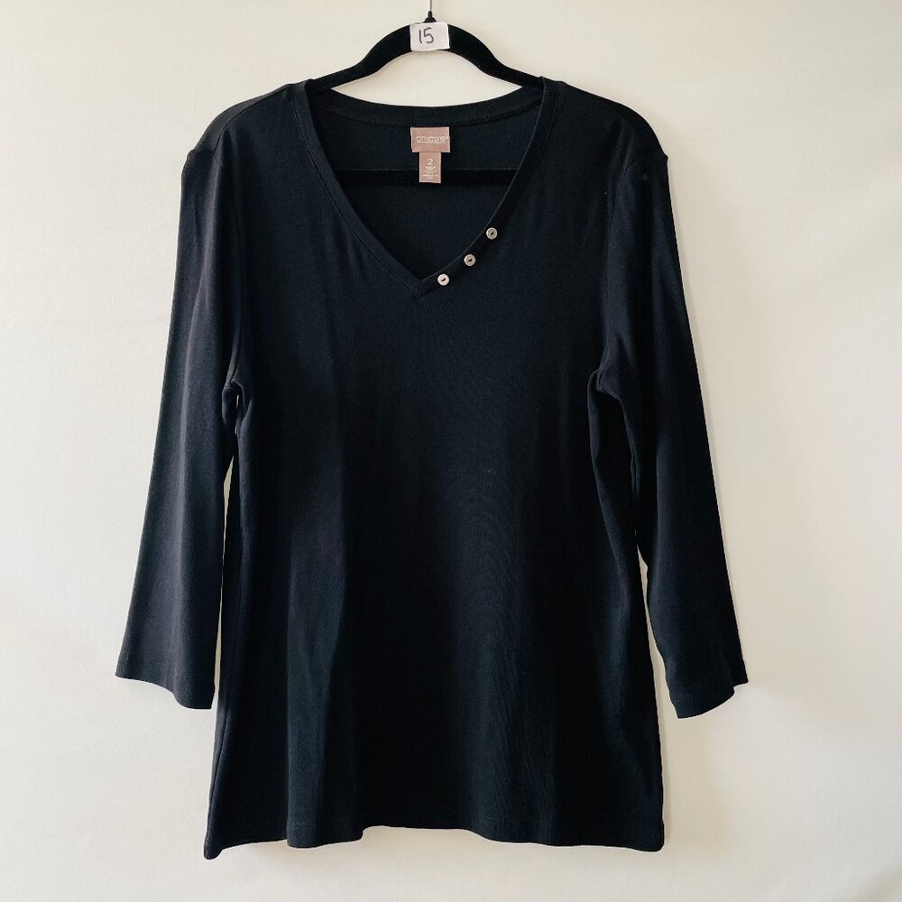 Chico's Womens Black V-Neck Button Detailing Top Size 2 US L